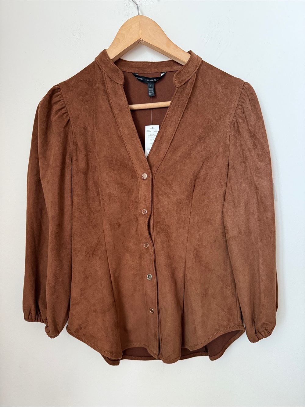 White House Black Market Brown Suede-Effect Button Blouse Size 2 NWT